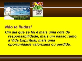 Não te iludas!
Um dia que se foi é mais uma cota de
 responsabilidade, mais um passo rumo
 à Vida Espiritual, mais uma
 oportunidade valorizada ou perdida.
 