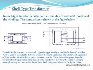 Shell-Type Transformer
In shell-type transformers the core surrounds a considerable portion of
the windings. The comparison is shown in the figure below.
The coils are form-wound but are multi layer disc type usually wound in the form of pancakes.
Paper is used to insulate the different layers of the multi-layer discs. The whole winding consists
of discs stacked with insulation spaces between the coils. These insulation spaces form the
horizontal cooling and insulating ducts. Such a transformer may have the shape of a simple
rectangle or may also have a distributed form. Both designs are shown in the figure below:
achdesign.info@gmail.com
 
