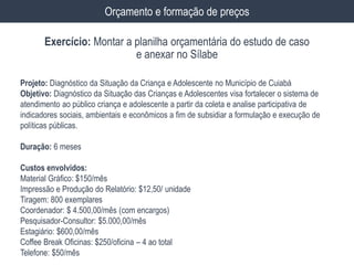 Exercício: Montar a planilha orçamentária do estudo de caso
e anexar no Sílabe
Orçamento e formação de preços
Projeto: Diagnóstico da Situação da Criança e Adolescente no Município de Cuiabá
Objetivo: Diagnóstico da Situação das Crianças e Adolescentes visa fortalecer o sistema de
atendimento ao público criança e adolescente a partir da coleta e analise participativa de
indicadores sociais, ambientais e econômicos a fim de subsidiar a formulação e execução de
políticas públicas.
Duração: 6 meses
Custos envolvidos:
Material Gráfico: $150/mês
Impressão e Produção do Relatório: $12,50/ unidade
Tiragem: 800 exemplares
Coordenador: $ 4.500,00/mês (com encargos)
Pesquisador-Consultor: $5.000,00/mês
Estagiário: $600,00/mês
Coffee Break Oficinas: $250/oficina – 4 ao total
Telefone: $50/mês
 