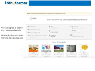 Acesso rápido e aberto
aos dados cadastrais
Indicação dos principais
marcos da organização
 