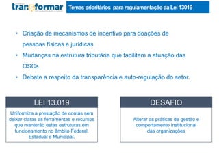 Temas prioritários para regulamentaçãoda Lei 13019
• Criação de mecanismos de incentivo para doações de
pessoas físicas e jurídicas
• Mudanças na estrutura tributária que facilitem a atuação das
OSCs
• Debate a respeito da transparência e auto-regulação do setor.
Uniformiza a prestação de contas sem
deixar claras as ferramentas e recursos
que manterão estas estruturas em
funcionamento no âmbito Federal,
Estadual e Municipal.
LEI 13.019
Alterar as práticas de gestão e
comportamento institucional
das organizações
DESAFIO
 