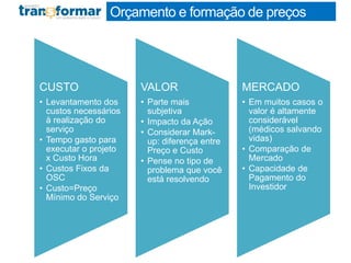 CUSTO
• Levantamento dos
custos necessários
à realização do
serviço
• Tempo gasto para
executar o projeto
x Custo Hora
• Custos Fixos da
OSC
• Custo=Preço
Mínimo do Serviço
VALOR
• Parte mais
subjetiva
• Impacto da Ação
• Considerar Mark-
up: diferença entre
Preço e Custo
• Pense no tipo de
problema que você
está resolvendo
MERCADO
• Em muitos casos o
valor é altamente
considerável
(médicos salvando
vidas)
• Comparação de
Mercado
• Capacidade de
Pagamento do
Investidor
Orçamento e formação de preços
 