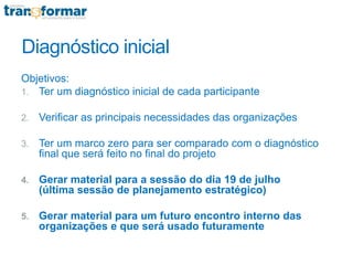 Diagnóstico inicial
Objetivos:
1. Ter um diagnóstico inicial de cada participante
2. Verificar as principais necessidades das organizações
3. Ter um marco zero para ser comparado com o diagnóstico
final que será feito no final do projeto
4. Gerar material para a sessão do dia 19 de julho
(última sessão de planejamento estratégico)
5. Gerar material para um futuro encontro interno das
organizações e que será usado futuramente
 