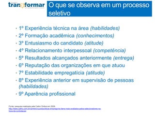 O que se observa em um processo
seletivo
• 1º Experiência técnica na área (habilidades)
• 2º Formação acadêmica (conhecimentos)
• 3º Entusiasmo do candidato (atitude)
• 4º Relacionamento interpessoal (competência)
• 5º Resultados alcançados anteriormente (entrega)
• 6º Reputação das organizações em que atuou
• 7º Estabilidade empregatícia (atitude)
• 8º Experiência anterior em supervisão de pessoas
(habilidades)
• 9º Aparência profissional
Profa. Monica Bose
Fonte: pesquisa realizada pela Catho Online em 2009.
http://www.catho.com.br/carreira-sucesso/dicas-emprego/os-itens-mais-avaliados-pelos-selecionadores-na-
hora-da-contratacao
 