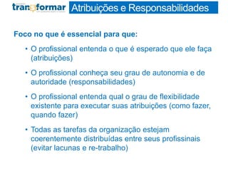 Foco no que é essencial para que:
• O profissional entenda o que é esperado que ele faça
(atribuições)
• O profissional conheça seu grau de autonomia e de
autoridade (responsabilidades)
• O profissional entenda qual o grau de flexibilidade
existente para executar suas atribuições (como fazer,
quando fazer)
• Todas as tarefas da organização estejam
coerentemente distribuídas entre seus profissinais
(evitar lacunas e re-trabalho)
Atribuições e Responsabilidades
 
