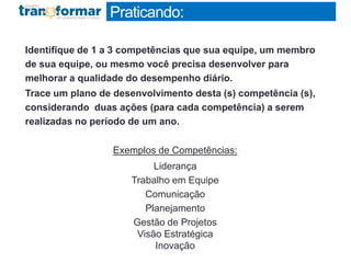 Identifique de 1 a 3 competências que sua equipe, um membro
de sua equipe, ou mesmo você precisa desenvolver para
melhorar a qualidade do desempenho diário.
Trace um plano de desenvolvimento desta (s) competência (s),
considerando duas ações (para cada competência) a serem
realizadas no período de um ano.
Exemplos de Competências:
Liderança
Trabalho em Equipe
Comunicação
Planejamento
Gestão de Projetos
Visão Estratégica
Inovação
Praticando:
 