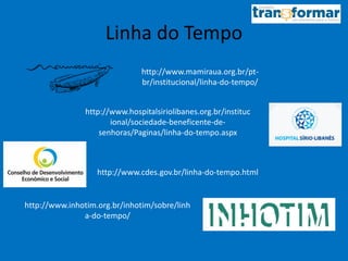 Linha do Tempo
http://www.mamiraua.org.br/pt-
br/institucional/linha-do-tempo/
http://www.hospitalsiriolibanes.org.br/instituc
ional/sociedade-beneficente-de-
senhoras/Paginas/linha-do-tempo.aspx
http://www.cdes.gov.br/linha-do-tempo.html
http://www.inhotim.org.br/inhotim/sobre/linh
a-do-tempo/
 