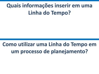 Quais informações inserir em uma
Linha do Tempo?
Como utilizar uma Linha do Tempo em
um processo de planejamento?
 