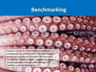 Benchmarking
Processo contínuo e sistemático que permite a
comparação das performances das organizações e
respectivas funções ou processos face ao que é
considerado 'o melhor nível', visando não apenas a
equiparação dos níveis de performance, mas
também a sua ultrapassagem.
 