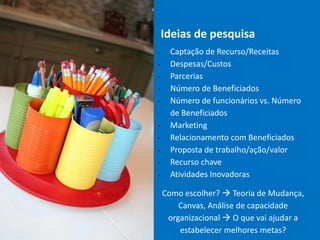 Ideias de pesquisa
• Captação de Recurso/Receitas
• Despesas/Custos
• Parcerias
• Número de Beneficiados
• Número de funcionários vs. Número
de Beneficiados
• Marketing
• Relacionamento com Beneficiados
• Proposta de trabalho/ação/valor
• Recurso chave
• Atividades Inovadoras
Como escolher?  Teoria de Mudança,
Canvas, Análise de capacidade
organizacional  O que vai ajudar a
estabelecer melhores metas?
 