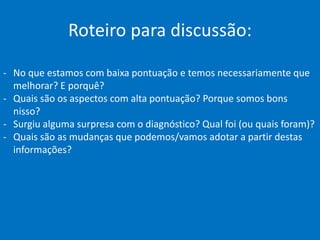 Roteiro para discussão:
- No que estamos com baixa pontuação e temos necessariamente que
melhorar? E porquê?
- Quais são os aspectos com alta pontuação? Porque somos bons
nisso?
- Surgiu alguma surpresa com o diagnóstico? Qual foi (ou quais foram)?
- Quais são as mudanças que podemos/vamos adotar a partir destas
informações?
 
