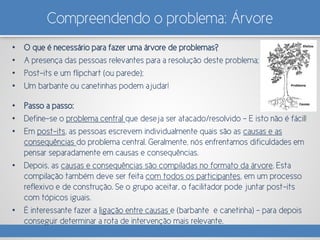 Compreendendo o problema: Árvore
• O que é necessário para fazer uma árvore de problemas?
• A presença das pessoas relevantes para a resolução deste problema;
• Post-its e um flipchart (ou parede);
• Um barbante ou canetinhas podem ajudar!
• Passo a passo:
• Define-se o problema central que deseja ser atacado/resolvido – E isto não é fácil!
• Em post-its, as pessoas escrevem individualmente quais são as causas e as
consequências do problema central. Geralmente, nós enfrentamos dificuldades em
pensar separadamente em causas e consequências.
• Depois, as causas e consequências são compiladas no formato da árvore. Esta
compilação também deve ser feita com todos os participantes, em um processo
reflexivo e de construção. Se o grupo aceitar, o facilitador pode juntar post-its
com tópicos iguais.
• É interessante fazer a ligação entre causas e (barbante e canetinha) - para depois
conseguir determinar a rota de intervenção mais relevante.
 