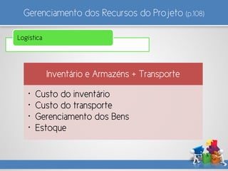 Gerenciamento dos Recursos do Projeto (p.108)
Logística
Inventário e Armazéns + Transporte
• Custo do inventário
• Custo do transporte
• Gerenciamento dos Bens
• Estoque
 