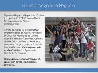 Projeto “Negócio a Negócio”
O projeto Negócio a Negócio em Curitiba
é programa do SEBRAE, que no Paraná
tem parceria com a Aliança
Empreendedora.
A meta da Aliança foi atender 5.000
empreendedores de março a novembro
de 2012., nos municípios de Curitiba,
Araucária, Almirante Tamandaré, Campina
Grande, Colombo, Fazenda Rio Grande,
além dos municípios do litoral Pontal do
Paraná e Matinhos. Cada empreendedor
recebeu 3 visitas dos Agentes de
Orientação Empresarial.
O time do projeto foi formado por 25
agentes em campo (em 11 cidades
diferentes).
 