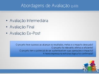 Abordagens de Avaliação (p.69)
• Avaliação Intermediária
• Avaliação Final
• Avaliação Ex-Post
O projeto teve sucesso ao alcançar os resultados, metas e o impacto desejado?
O projeto foi relevante, efetivo e eficiente?
O projeto tem o potencial de ser sustentável em suas operações e impacto?
A teoria expressa na estrutura lógica foi confirmada?
 