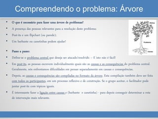 Compreendendo o problema: Árvore
• O que é necessário para fazer uma árvore de problemas?
• A presença das pessoas relevantes para a resolução deste problema;
• Post-its e um flipchart (ou parede);
• Um barbante ou canetinhas podem ajudar!
• Passo a passo:
• Define-se o problema central que deseja ser atacado/resolvido – E isto não é fácil!
• Em post-its, as pessoas escrevem individualmente quais são as causas e as consequências do problema central.
Geralmente, nós enfrentamos dificuldades em pensar separadamente em causas e consequências.
• Depois, as causas e consequências são compiladas no formato da árvore. Esta compilação também deve ser feita
com todos os participantes, em um processo reflexivo e de construção. Se o grupo aceitar, o facilitador pode
juntar post-its com tópicos iguais.
• É interessante fazer a ligação entre causas e (barbante e canetinha) - para depois conseguir determinar a rota
de intervenção mais relevante.
 