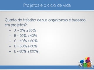 Projetos e o ciclo de vida
Quanto do trabalho da sua organização é baseado
em projetos?
– A - 0% a 20%
– B - 20% a 40%
– C - 40% a 60%
– D - 60% a 80%
– E - 80% a 100%
 