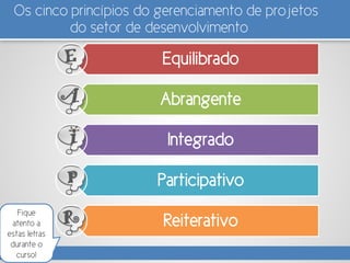 Os cinco princípios do gerenciamento de projetos
do setor de desenvolvimento
Equilibrado
Abrangente
Integrado
Participativo
ReiterativoR
P
I
A
E
Fique
atento a
estas letras
durante o
curso!
 