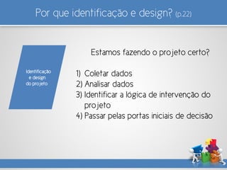 Por que identificação e design? (p.22)
Estamos fazendo o projeto certo?
1) Coletar dados
2) Analisar dados
3) Identificar a lógica de intervenção do
projeto
4) Passar pelas portas iniciais de decisão
Identificação
e design
do projeto
 
