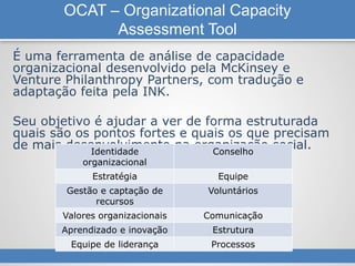 OCAT – Organizational Capacity
Assessment Tool
É uma ferramenta de análise de capacidade
organizacional desenvolvido pela McKinsey e
Venture Philanthropy Partners, com tradução e
adaptação feita pela INK.
Seu objetivo é ajudar a ver de forma estruturada
quais são os pontos fortes e quais os que precisam
de mais desenvolvimento na organização social.Identidade
organizacional
Conselho
Estratégia Equipe
Gestão e captação de
recursos
Voluntários
Valores organizacionais Comunicação
Aprendizado e inovação Estrutura
Equipe de liderança Processos
 