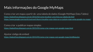 Mais informações do Google MyMaps
Como criar um mapa a partir de uma tabela de dados (Google MyMaps Data Tables)
https://dadosfinos.blogspot.com.br/2016/02/como-localizar-uma-lista-ou-tabela-de.html
https://www.google.com/earth/outreach/learn/visualize-your-data-on-a-custom-map-using-google-my-maps/
Como criar e publicar mapas simples
https://dadosfinos.blogspot.com.br/2015/05/como-criar-mapas-com-google-maps.html
Ajustar código de embed
https://dadosfinos.blogspot.com.br/2015/05/como-criar-mapas-com-google-maps.html#ajustes
 
