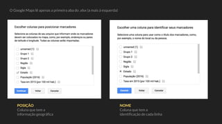 POSIÇÃO
Coluna que tem a
informação geográfica
NOME
Coluna que tem a
identificação de cada linha
O Google Maps lê apenas a primeira aba do .xlsx (a mais à esquerda)
 
