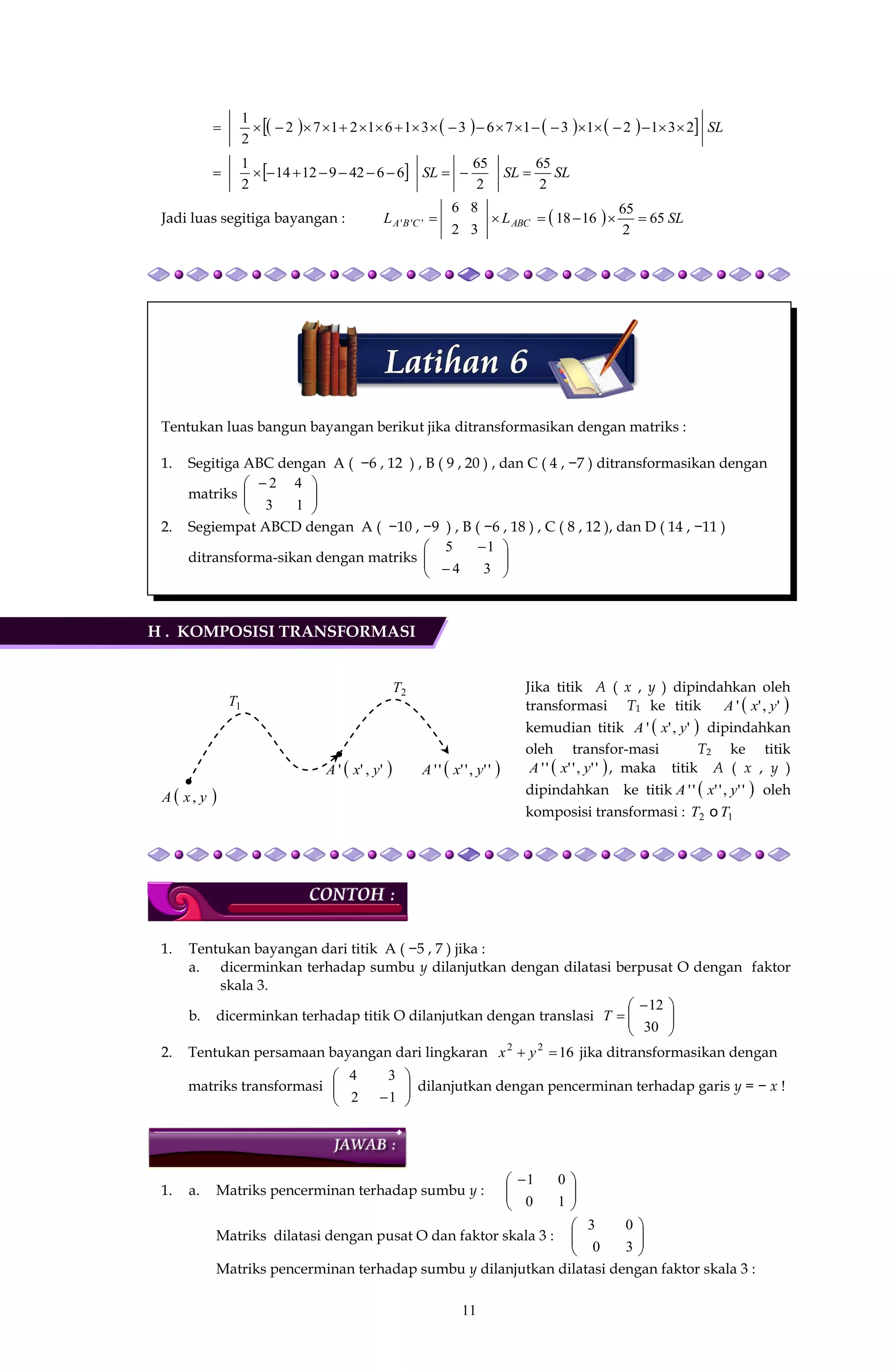 11
         SL231213176331612172
2
1

  SLSLSL
2
65
2
65
664291214
2
1

Jadi luas segitiga bayangan :   SLLL ABCCBA 65
2
65
1618
3
8
2
6
''' 
Tentukan luas bangun bayangan berikut jika ditransformasikan dengan matriks :
1. Segitiga ABC dengan A ( −6 , 12 ) , B ( 9 , 20 ) , dan C ( 4 , −7 ) ditransformasikan dengan
matriks 




 
13
42
2. Segiempat ABCD dengan A ( −10 , −9 ) , B ( −6 , 18 ) , C ( 8 , 12 ), dan D ( 14 , −11 )
ditransforma-sikan dengan matriks 







34
15
H . KOMPOSISI TRANSFORMASI
Jika titik A ( x , y ) dipindahkan oleh
transformasi T1 ke titik  ','' yxA
kemudian titik  ','' yxA dipindahkan
oleh transfor-masi T2 ke titik
 '','''' yxA , maka titik A ( x , y )
dipindahkan ke titik  '','''' yxA oleh
komposisi transformasi : 12 TT o
1. Tentukan bayangan dari titik A ( −5 , 7 ) jika :
a. dicerminkan terhadap sumbu y dilanjutkan dengan dilatasi berpusat O dengan faktor
skala 3.
b. dicerminkan terhadap titik O dilanjutkan dengan translasi 




 

30
12
T
2. Tentukan persamaan bayangan dari lingkaran 1622
 yx jika ditransformasikan dengan
matriks transformasi 





12
34
dilanjutkan dengan pencerminan terhadap garis y = − x !
1. a. Matriks pencerminan terhadap sumbu y : 




 
10
01
Matriks dilatasi dengan pusat O dan faktor skala 3 : 





30
03
Matriks pencerminan terhadap sumbu y dilanjutkan dilatasi dengan faktor skala 3 :
2T
1T
 '','''' yxA ','' yxA
 yxA ,
 