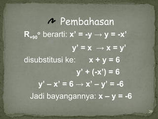 20
Pembahasan
R+90
o
berarti: x’ = -y → y = -x’
y’ = x → x = y’
disubstitusi ke: x + y = 6
y’ + (-x’) = 6
y’ – x’ = 6 → x’ – y’ = -6
Jadi bayangannya: x – y = -6
 