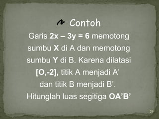 29
Contoh
Garis 2x – 3y = 6 memotong
sumbu X di A dan memotong
sumbu Y di B. Karena dilatasi
[O,-2], titik A menjadi A’
dan titik B menjadi B’.
Hitunglah luas segitiga OA’B’
 