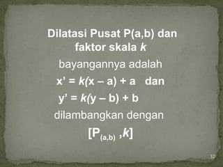 32
Dilatasi Pusat P(a,b) dan
faktor skala k
bayangannya adalah
x’ = k(x – a) + a dan
y’ = k(y – b) + b
dilambangkan dengan
[P(a,b) ,k]
 