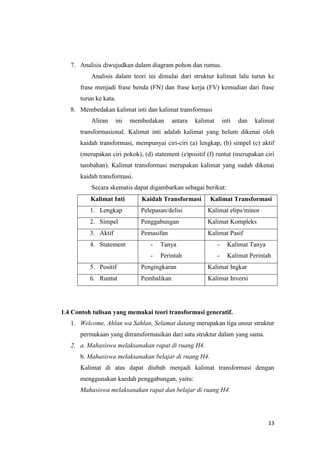 7. Analisis diwujudkan dalam diagram pohon dan rumus.
          Analisis dalam teori ini dimulai dari struktur kalimat lalu turun ke
      frase menjadi frase benda (FN) dan frase kerja (FV) kemudian dari frase
      turun ke kata.
   8. Membedakan kalimat inti dan kalimat transformasi
          Aliran     ini   membedakan      antara   kalimat       inti   dan   kalimat
      transformasional. Kalimat inti adalah kalimat yang belum dikenai oleh
      kaidah transformasi, mempunyai ciri-ciri (a) lengkap, (b) simpel (c) aktif
      (merupakan ciri pokok), (d) statement (e)positif (f) runtut (merupakan ciri
      tambahan). Kalimat transformasi merupakan kalimat yang sudah dikenai
      kaidah transformasi.
          Secara skematis dapat digambarkan sebagai berikut:
          Kalimat Inti        Kaidah Transformasi        Kalimat Transformasi
          1. Lengkap          Pelepasan/delisi          Kalimat elips/minor
          2. Simpel           Penggabungan              Kalimat Kompleks
          3. Aktif            Pemasifan                 Kalimat Pasif
          4. Statement           -   Tanya                    -     Kalimat Tanya
                                 -   Perintah                 -     Kalimat Perintah
          5. Positif          Pengingkaran              Kalimat Ingkar
          6. Runtut           Pembalikan                Kalimat Inversi




1.4 Contoh tulisan yang memakai teori transformasi generatif.
   1. Welcome, Ahlan wa Sahlan, Selamat datang merupakan tiga unsur struktur
      permukaan yang ditransformasikan dari satu struktur dalam yang sama.
   2. a. Mahasiswa melaksanakan rapat di ruang H4.
      b. Mahasiswa melaksanakan belajar di ruang H4.
      Kalimat di atas dapat diubah menjadi kalimat transformasi dengan
      menggunakan kaedah penggabungan, yaitu:
      Mahasiswa melaksanakan rapat dan belajar di ruang H4.




                                                                                    13
 