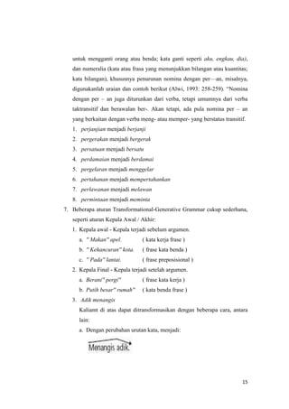 untuk mengganti orang atau benda; kata ganti seperti aku, engkau, dia),
   dan numeralia (kata atau frasa yang menunjukkan bilangan atau kuantitas;
   kata bilangan), khususnya penurunan nomina dengan per—an, misalnya,
   digunakanlah uraian dan contoh berikut (Alwi, 1993: 258-259). ―Nomina
   dengan per – an juga diturunkan dari verba, tetapi umumnya dari verba
   taktransitif dan berawalan ber-. Akan tetapi, ada pula nomina per – an
   yang berkaitan dengan verba meng- atau memper- yang berstatus transitif.
   1. perjanjian menjadi berjanji
   2. pergerakan menjadi bergerak
   3. persatuan menjadi bersatu
   4. perdamaian menjadi berdamai
   5. pergelaran menjadi menggelar
   6. pertahanan menjadi mempertahankan
   7. perlawanan menjadi melawan
   8. permintaan menjadi meminta
7. Beberapa aturan Transformational-Generative Grammar cukup sederhana,
   seperti aturan Kepala Awal / Akhir:
   1. Kepala awal - Kepala terjadi sebelum argumen.
     a. '' Makan'' apel.        ( kata kerja frase )
     b. '' Kehancuran'' kota.   ( frase kata benda )
     c. '' Pada'' lantai.       ( frase preposisional )
   2. Kepala Final - Kepala terjadi setelah argumen.
     a. Berani'' pergi''        ( frase kata kerja )
     b. Putih besar'' rumah''   ( kata benda frase )
   3. Adik menangis
     Kaliamt di atas dapat ditransformasikan dengan beberapa cara, antara
     lain:
     a. Dengan perubahan urutan kata, menjadi:




                                                                         15
 