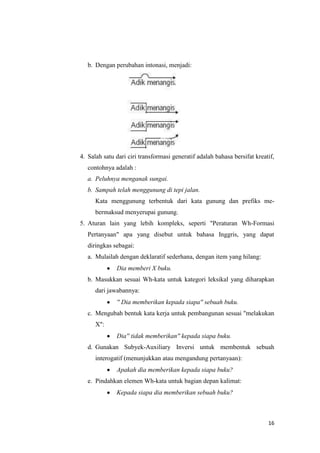 b. Dengan perubahan intonasi, menjadi:




4. Salah satu dari ciri transformasi generatif adalah bahasa bersifat kreatif,
   contohnya adalah :
   a. Peluhnya menganak sungai.
   b. Sampah telah menggunung di tepi jalan.
      Kata menggunung terbentuk dari kata gunung dan prefiks me-
      bermaksud menyerupai gunung.
5. Aturan lain yang lebih kompleks, seperti "Peraturan Wh-Formasi
   Pertanyaan" apa yang disebut untuk bahasa Inggris, yang dapat
   diringkas sebagai:
   a. Mulailah dengan deklaratif sederhana, dengan item yang hilang:
              Dia memberi X buku.
   b. Masukkan sesuai Wh-kata untuk kategori leksikal yang diharapkan
      dari jawabannya:
              '' Dia memberikan kepada siapa'' sebuah buku.
   c. Mengubah bentuk kata kerja untuk pembangunan sesuai "melakukan
      X":
              Dia'' tidak memberikan'' kepada siapa buku.
   d. Gunakan Subyek-Auxiliary Inversi untuk membentuk sebuah
      interogatif (menunjukkan atau mengandung pertanyaan):
              Apakah dia memberikan kepada siapa buku?
   e. Pindahkan elemen Wh-kata untuk bagian depan kalimat:
              Kepada siapa dia memberikan sebuah buku?



                                                                           16
 