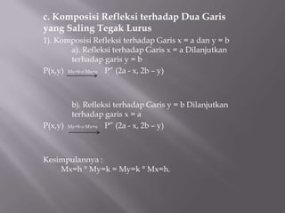 c. Komposisi Refleksi terhadap Dua Garis
yang Saling Tegak Lurus
1). Komposisi Refleksi terhadap Garis x = a dan y = b
        a). Refleksi terhadap Garis x = a Dilanjutkan
        terhadap garis y = b
P(x,y) My=b o Mx=a P” (2a - x, 2b – y)



        b). Refleksi terhadap Garis y = b Dilanjutkan
        terhadap garis x = a
P(x,y) My=b o Mx=a P” (2a - x, 2b – y)



Kesimpulannya :
    Mx=h ° My=k = My=k ° Mx=h.
 