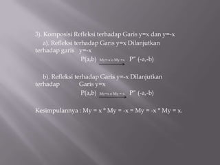 3). Komposisi Refleksi terhadap Garis y=x dan y=-x
    a). Refleksi terhadap Garis y=x Dilanjutkan
terhadap garis y=-x
                    P(a,b) My=-x o My =x P” (-a,-b)

   b). Refleksi terhadap Garis y=-x Dilanjutkan
terhadap          Garis y=x
                   P(a,b) My=x o My =-x P” (-a,-b)

Kesimpulannya : My = x ° My = -x = My = -x ° My = x.
 