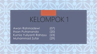 KELOMPOK 1 
C 
Awan Rahmadewi (07) 
Ihsan Putrananda (20) 
Kurnia Yuliyanti Rahayu (23) 
Muhammad Zufar (29) 
 