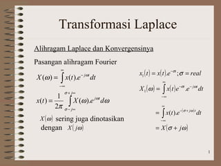 Transformasi Laplace
Alihragam Laplace dan Konvergensinya
Pasangan alihragam Fourier
                                          x1 ( t ) = x( t ).e −σt ; σ = real
           ∞
X (ω ) =   ∫ x(t ).e − jωt dt                         ∞
           −∞
                                          X1 (ω ) =   ∫ x( t ) e −σt .e − jωt dt
               σ + j∞
         1                                            −∞
                 ∫ X (ω ).e
                              j ωt
x(t ) =                              dω
        2π     σ− j∞
                                                      ∞
                                                  =   ∫ x(t ).e −( σ + jω ) t dt
 X ( ω ) sering juga dinotasikan                      −∞

 dengan X ( jω )                                  = X ( σ + jω )


                                                                                   1
 