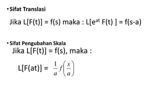 •Sifat Translasi
Jika L[F(t)] = f(s) maka : L[eat F(t) ] = f(s-a)
• Sifat Pengubahan Skala
Jika L[F(t)] = f(s), maka :
L[F(at)] = 





a
s
f
a
1
 