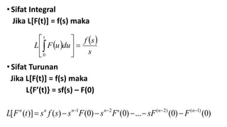• Sifat Integral
Jika L[F(t)] = f(s) maka
• Sifat Turunan
Jika L[F(t)] = f(s) maka
L{F’(t)} = sf(s) – F(0)
   
s
s
f
du
u
F
L
t








0
)
0
(
)
0
(
...
)
0
(
'
)
0
(
)
(
)]
(
[ )
1
(
)
2
(
2
1 








 n
n
n
n
n
n
F
sF
F
s
F
s
s
f
s
t
F
L
 