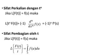 •Sifat Perkalian dengan tn
Jika L[F(t)] = f(s) maka
L[tn F(t)]= (-1) = (-1)n fn(s)
•Sifat Pembagian oleh t
Jika L[F(t)] = f(s) maka
𝑑𝑛
𝑑𝑠𝑛
𝑓(𝑠)









0
)
(
)
(
du
u
f
t
t
F
L
 