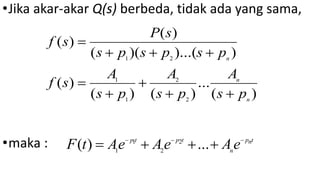 •Jika akar-akar Q(s) berbeda, tidak ada yang sama,
•maka :
)
(
...
)
(
)
(
)
(
)
)...(
)(
(
)
(
)
(
2
2
1
1
2
1
n
n
n
p
s
A
p
s
A
p
s
A
s
f
p
s
p
s
p
s
s
P
s
f









t
n
p
n
t
p
t
p
e
A
e
A
e
A
t
F 





 ...
)
( 2
2
1
1
 