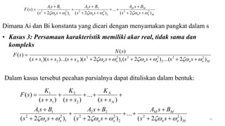 M
n
n
n
n
n
n
N s
s
s
s
s
s
s
s
s
s
s
s
s
N
s
F
)
2
...(
)
2
(
)
2
)(
)...(
)(
(
)
(
)
( 2
2
2
2
2
1
2
2
2
1 




 









76
• Kasus 3: Persamaan karakteristik memiliki akar real, tidak sama dan
kompleks
Dalam kasus tersebut pecahan parsialnya dapat dituliskan dalam bentuk:
M
n
n
M
M
n
n
n
n
N
N
s
s
B
s
A
s
s
B
s
A
s
s
B
s
A
s
s
K
s
s
K
s
s
K
s
F
)
2
(
...
)
2
(
)
2
(
)
(
...
)
(
)
(
)
(
2
2
2
2
2
2
2
1
2
2
1
1
2
2
1
1





 



















M
n
n
M
M
n
n
n
n s
s
B
s
A
s
s
B
s
A
s
s
B
s
A
s
F
)
2
(
...
)
2
(
)
2
(
)
( 2
2
2
2
2
2
2
1
2
2
1
1





 












Dimana Ai dan Bi konstanta yang dicari dengan menyamakan pangkat dalam s
 