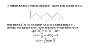 Perhatikan fungsi gelombang segitiga g(t) seperti pada gambar berikut.
Jelas bahwa 𝑔′(𝑡) tak lain adalah fungsi gelombang persegi f(t),
sehingga kita dapat memanfaatkan sifat transformasi dari turunan ,
ℒ 𝑔′ 𝑡 = 𝑠𝐺 𝑠 − 𝑔 0
1
𝑠
tanh
𝑎𝑠
2
= 𝑠𝐺 𝑠 − 0
𝐺 𝑠 =
1
𝑠2
tanh
𝑎𝑠
2
 