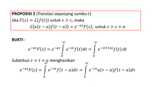 PROPOSISI 2 (Translasi sepanjang sumbu-𝑡)
Jika 𝐹 𝑠 = ℒ(𝑓(𝑡)) untuk 𝑠 > 𝑐, maka
ℒ 𝑢 𝑡 − 𝑎 𝑓 𝑡 − 𝑎 = 𝑒−𝑎𝑠 𝐹 𝑠 , untuk 𝑠 > 𝑐 + 𝑎
BUKTI :
𝑒−𝑎𝑠 𝐹 𝑠 = 𝑒−𝑎𝑠
0
∞
𝑒−𝑠𝑡 𝑓 𝑡 𝑑𝑡 =
0
∞
𝑒−𝑠 𝑡+𝑎 𝑓(𝑡) 𝑑𝑡
Substitusi 𝜏 = 𝑡 + 𝑎 menghasilkan
𝑒−𝑎𝑠
𝐹 𝑠 =
𝑎
∞
𝑒−𝑠𝜏
𝑓 𝜏 − 𝑎 𝑑𝜏 =
𝑎
∞
𝑒−𝑠𝜏
𝑢(𝜏 − 𝑎)𝑓 𝜏 − 𝑎 𝑑𝜏
 