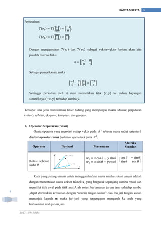 2017 | PPs UNM
6KAPITA SELEKTA
6
Pemecahan:
(* +) * +;
(* +) * +;
Dengan menggunakan dan sebagai vektor-vektor kolom akan kita
peroleh matriks baku
* +
Sebagai pemeriksaan, maka
* + * + * +
Sehingga perkalian oleh akan memetakan titik ke dalam bayangan
simetriknya terhadap sumbu .
Terdapat lima jenis transformasi linier bidang yang mempunyai makna khusus: perputaran
(rotasi), refleksi, ekspansi, kompresi, dan geseran.
1. Operator Perputaran (rotasi)
Suatu operator yang merotasi setiap vekor pada sebesar suatu sudut tertentu
disebut operator rotasi (rotation operator) pada .
Operator Ilustrasi Persamaan
Matriks
Standar
Rotasi sebesar
sudut
* +
Cara yang paling umum untuk menggambarkan suatu sumbu rotasi umum adalah
dengan menentukan suatu vektor taknol u2 yang bergerak sepanjang sumbu rotasi dan
memiliki titik awal pada titik asal.Arah rotasi berlawanan jarum jam terhadap sumbu
,dapat ditentukan kemudian dengan “aturan tangan kanan”.Jika ibu jari tangan kanan
menunjuk kearah u2 maka jari-jari yang tergenggam mengarah ke arah yang
berlawanan arah jarum jam.
 