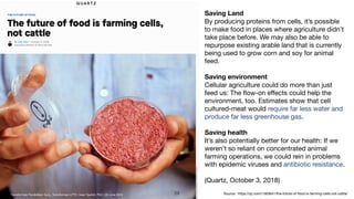 Saving Land 
By producing proteins from cells, it’s possible
to make food in places where agriculture didn’t
take place before. We may also be able to
repurpose existing arable land that is currently
being used to grow corn and soy for animal
feed. 

Saving environment 
Cellular agriculture could do more than just
feed us: The ﬂow-on eﬀects could help the
environment, too. Estimates show that cell
cultured-meat would require far less water and
produce far less greenhouse gas. 

Saving health  
It’s also potentially better for our health: If we
weren’t so reliant on concentrated animal
farming operations, we could rein in problems
with epidemic viruses and antibiotic resistance. 

(Quartz, October 3, 2018)
Source: https://qz.com/1383641/the-future-of-food-is-farming-cells-not-cattle/!29Transformasi Pendidikan Guru, Transformasi LPTK | Iwan Syahril, PhD | 26 June 2019
 