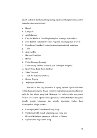 pekerti ,softskills dan karater bangsa yang dapat dikembangkan untuk content
buku ajar/bahan ajar meliputi :
a.

Damai

b.

Kebajikan

c.

Anti kekerasan

d.

Kata dan Tindakan Positif bagi orang lain, misalnya proverb lokal

e.

Nilai Tambah suatu Peristiwa atau Kegiatan, misalnya panen di sawah

f.

Pengalaman Masa kecil, misalnya permainan anak-anak sederhana

g.

Tegar

h.

Jiwa Merdeka

i.

Hak dan Kewajiban

j.

Hemat

k.

Cerita, Dongeng, Legenda

l.

Kisah tentang sekolah, Madrasah, dan Kehidupan beragama

m. Kisah Orang Tua ( Bapak dan Ibu)
n.

Sikap Toleransi

o.

Tanah Air Kelahiran (Pertiwi)

p.

Gotong Royong

q.

Kejuangan/Patriotisme
Berdasarkan data yang ditemukan di lapang, terdapat signifikansi antara

realitas budaya intangible dengan content (core) sebuah system nilai karakter,
softskills dan pekerti yang baik. Beberapa cirri budaya tradisi masyarakat
lokal di Jawa Timur seperti konteks pertanian, konteks kehidupan beragama,
konteks

sejarah

kejuangan,

dan

konteks

pelestarian

tradisi,

dapat

dikonsepsikan sebagai berikut :
a.

Pandangan positif dan aktif terhadap hidup

b.

Mandiri dan tidak mudah tergantung pada orang lain

c.

Orientasi kehidupan (pesantren, pedesaan, perkotaan)

d.

Egaliter untuk maju dalam hidup

15

 