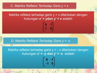 C. Matriks Refleksi Terhadap Garis y = x

Matriks refleksi terhadap garis y = x ditentukan dengan
           hubungan x’ = ydan y’ = x adalah
                          0   1
                          1   0


  D. Matriks Refleksi Terhadap Garis y = -x

Matriks refleksi terhadap garis y = - x ditentukan dengan
          hubungan x’ = -y dan y’ = -x adalah
                          0 -1
                          -1 0
 