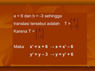 a = 6 dan b = -3 sehingga
translasi tersebut adalah
Karena T =  6 
 

 6
T = 
 − 3
 

 − 3
 

Maka

x’ = x + 6 → x = x’ – 6
y’ = y – 3 → y = y’ + 6
14

 