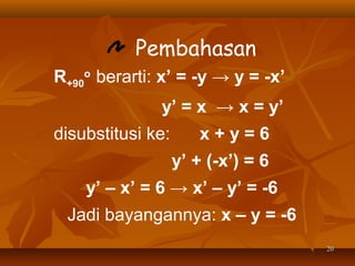 Pembahasan
R+90o berarti: x’ = -y → y = -x’
y’ = x → x = y’
disubstitusi ke:

x+y=6
y’ + (-x’) = 6

y’ – x’ = 6 → x’ – y’ = -6
Jadi bayangannya: x – y = -6
20

 